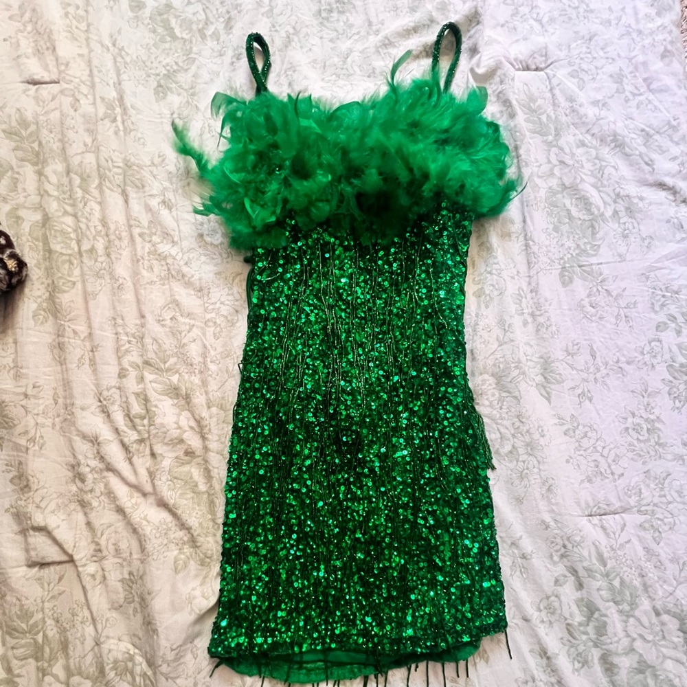 Green Sequin Feather Dress